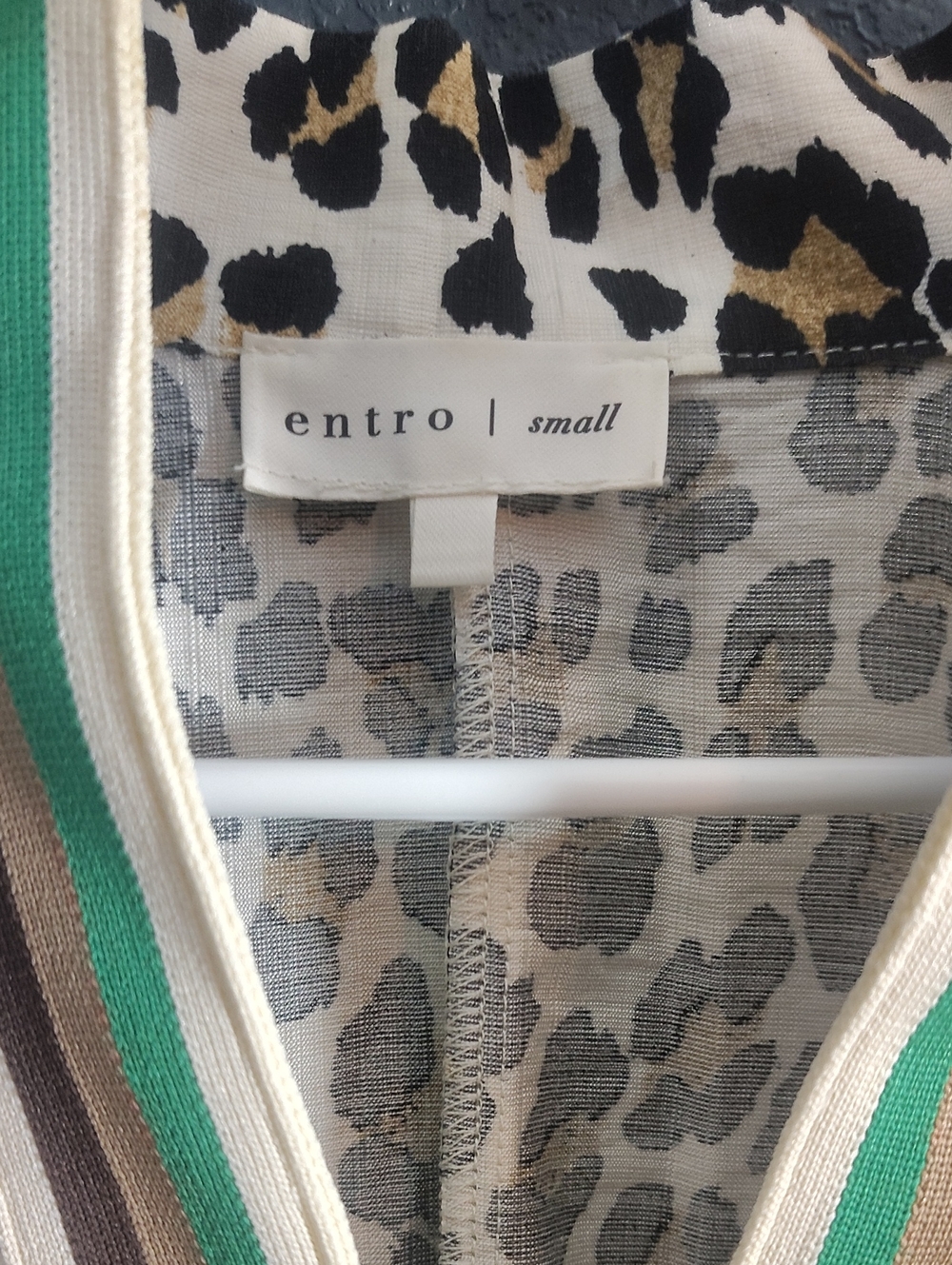 Entro Leopard Print Dolman Sleeve Top with Striped Green and Tan Trim - Picture 2 of 7